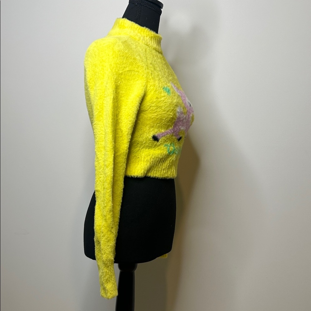Urban Outfitters Neon Yellow Fuzzy Crop Sweater with Pink Deer Motif Kawaii Y2K - Picture 4 of 6
